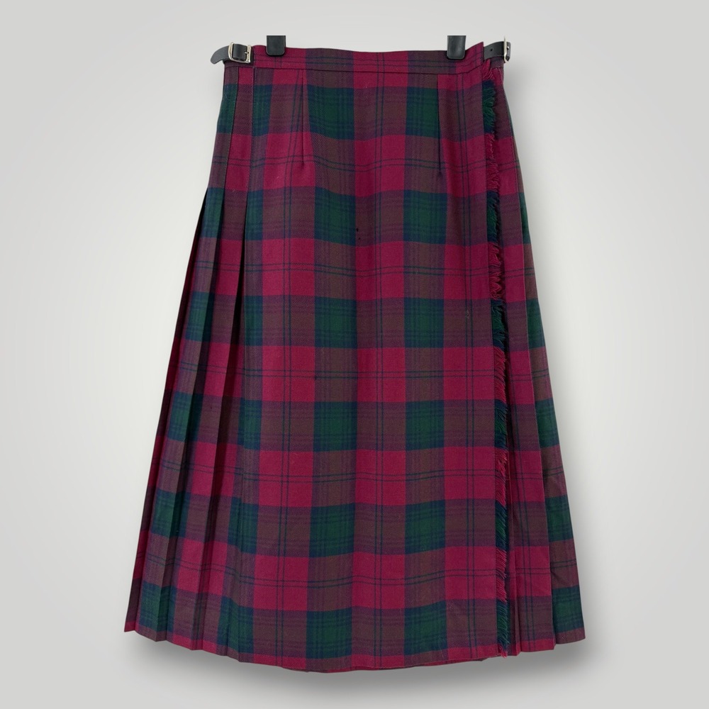 Blarney Wool Plaid Kilt Skirt Burgundy Green Vintage 12 Made in Ireland